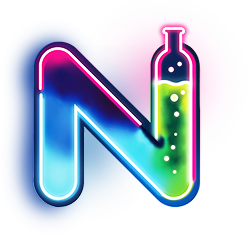 NexaCode Labs - A stylized letter "N" incorporating a chemistry flask, with vibrant blue, pink, and green gradient colors.