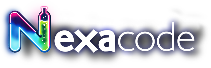 NexaCode Labs - The Nexacode logo features the word "nexacode" with a neon-styled "N" incorporating a test tube design.